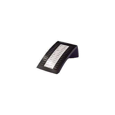 Schwarzes Telefon mit geneigter Tastatur und beschrifteten Tasten.