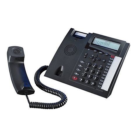 Schwarzes Bürotelefon mit LCD-Display, Ziffernblock, Funktionstasten und abgenommenem Hörer vor weißem Hintergrund.