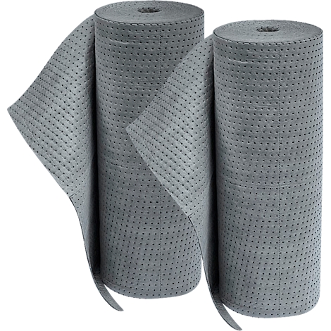 Dos rollos absorbentes de aceite grises con agujeros cuadrados, tela desplegada.