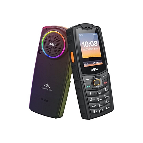 Zwei schwarze Mobiltelefone vor weißem Hintergrund. Eines hat ein LCD-Display, das andere einen Lautsprecher mit Regenbogenbeleuchtung.