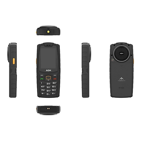 Ein schwarzes Mobiltelefon mit orangefarbenen Akzenten. Es zeigt Ansichten von vorne, von der Seite, von oben und von hinten. Das Telefon hat eine Tastatur und das Logo "AGM".