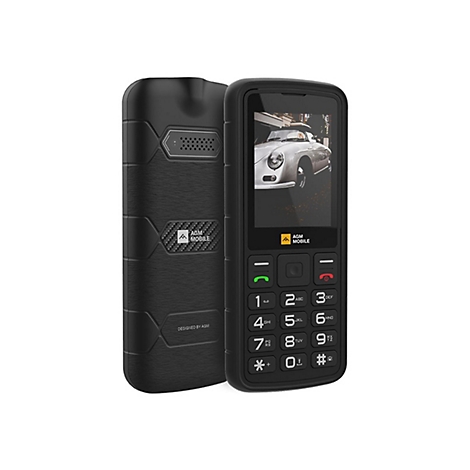 Schwarzes AGM Mobile Mobiltelefon. Auf dem Bildschirm ist ein klassisches Auto abgebildet. Neben dem Telefon liegt die Rückseite.