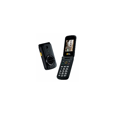 Ein schwarzes Klapphandy, geöffnet und geschlossen, vor weißem Hintergrund. Das geöffnete Telefon zeigt ein Display.