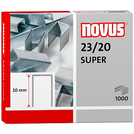 Agrafes grises avec dimension rouge de 20 mm. Inscription : Novus, 23/20 SUPER, 1000 pièces.