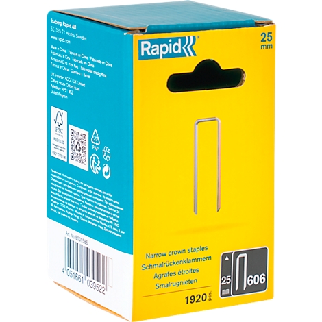 Boîte jaune avec des agrafes, logo 'Rapid' et informations sur le produit.