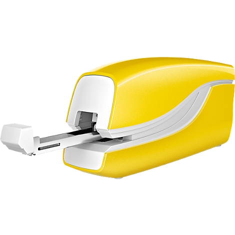 Dégrafeuse jaune avec insert blanc. Le dispositif d'éjection est déployé.
