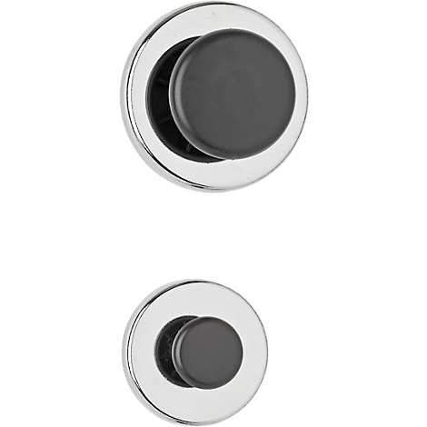 Deux boutons de porte ronds chromés avec des boutons noirs. Le bouton supérieur est partiellement ouvert.