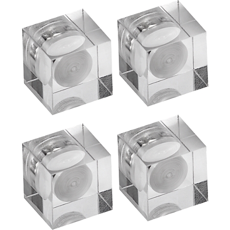 Quatre cubes transparents avec des éléments blancs et ronds à l'intérieur.