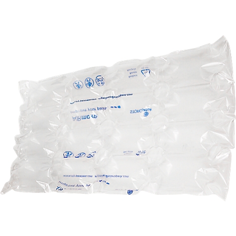 Bubble wrap made of transparent plastic with blue symbols and text. Packaging material to protect products.