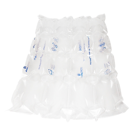 An air cushion film pillow against a white background. The transparent plastic is arranged in horizontal rows, with some small blue logos.