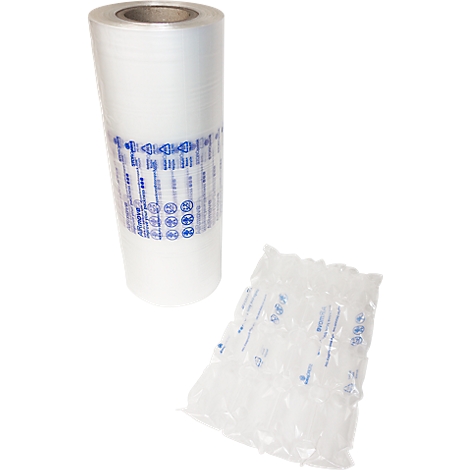 Roll of transparent bubble wrap and a filled air cushion bag on a white background.