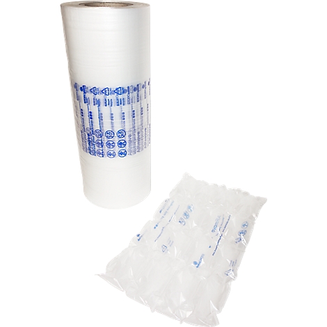 Roll of transparent bubble wrap with ready-made air cushions next to it.