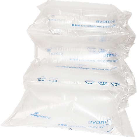 Transparent bubble wrap, stacked. Blue lettering is readable.