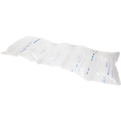 Air cushion film, elongated shape. Blue lettering. Transparent material.