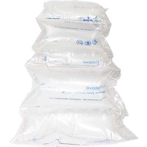 Several transparent air cushion pillows, stacked. Printed blue characters and symbols.