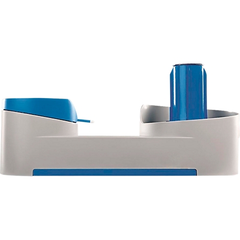 Blue and white beverage holder. One compartment holds a blue can. Another compartment has a blue lid with a spout.