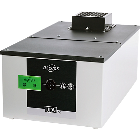 White box with black lid and control panel. 'asecos' logo and green label. A black attachment is on top.