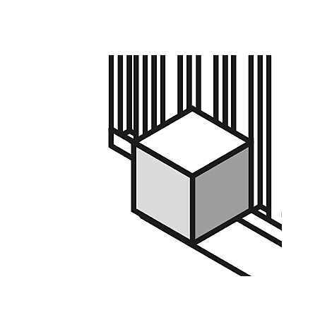 A grey cube sits in a corner, against a backdrop of black lines forming a grid.