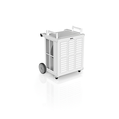 White dehumidifier with wheels and handles on white surface. The text "IDEAL" is visible.