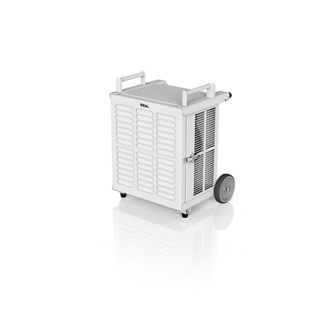 White mobile air purifier with handles and wheels. IDEAL is written on the side.