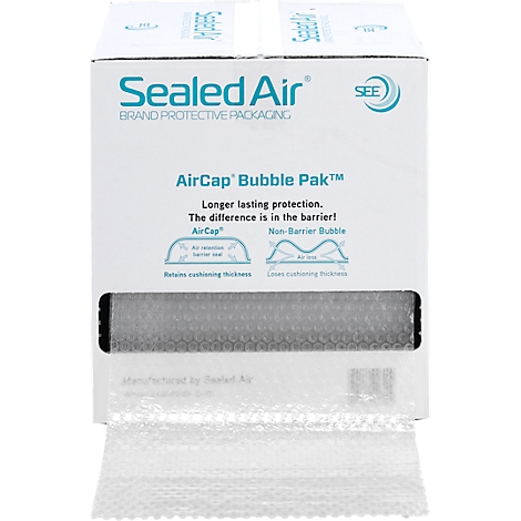 White box with 'Sealed Air' and 'AirCap Bubble Pak' text. Bubble wrap is coming out of the bottom.
