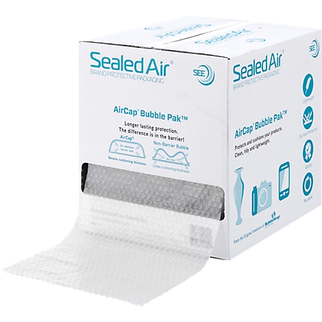 A box of bubble wrap. The packaging has the imprint "Sealed Air AirCap Bubble Pak". The foil is pulled out of an opening.