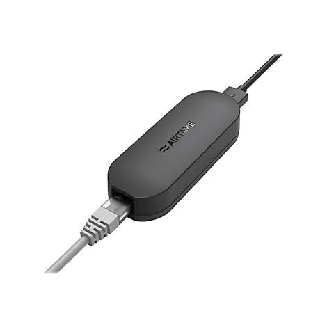 Schwarzer AirTame-Adapter mit eingestecktem Ethernet-Kabel. Das GerÃ¤t ist lÃ¤nglich mit abgerundeten Kanten. Es sind Kabel an beiden Enden angeschlossen.