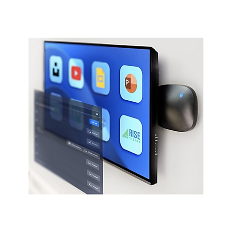 Ein schwarzer Bildschirm an der Wand, mit App-Symbolen, einem Menü und einem schwarzen Empfänger. Blauer Hintergrund.