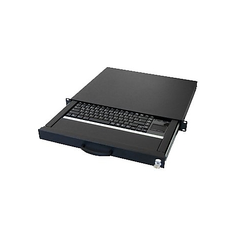 Schwarze 19-Zoll Rack-Tastatur-Schublade mit Touchpad, herausziehbar auf Metallschienen.