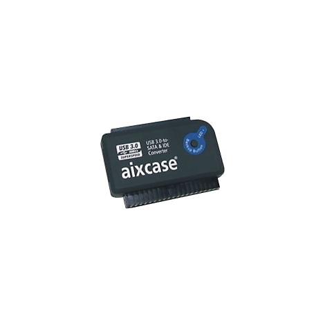 Schwarzer Aixcase USB 3.0 zu SATA und IDE Konverter mit Backup-Taste.
