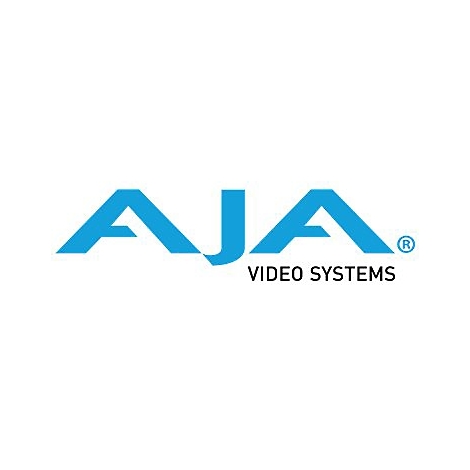 Blaues Logo von AJA Video Systems auf weißem Hintergrund.