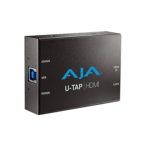 Schwarze AJA U-TAP HDMI Video-Capture-Box mit USB-Anschluss und Beschriftungen vor weißem Hintergrund.