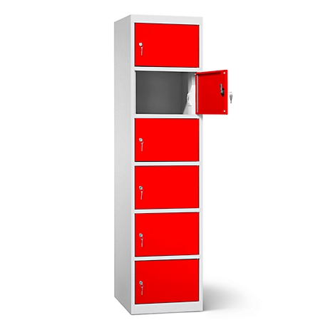 Ein weisser Schrank mit sechs roten Türen, eine Tür ist geöffnet.