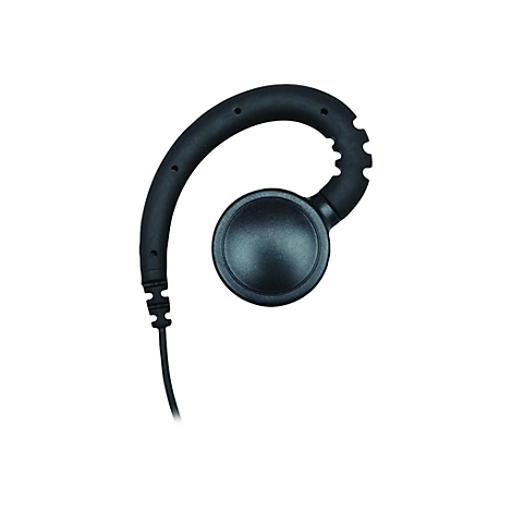 Schwarzer Ohrhörer mit Kabel und flexiblem Ohrbügel vor weißem Hintergrund.