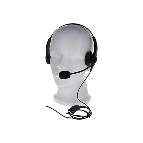 Schwarzes Headset mit Mikrofon auf einem weißen, abstrakten Modellkopf vor weißem Hintergrund.