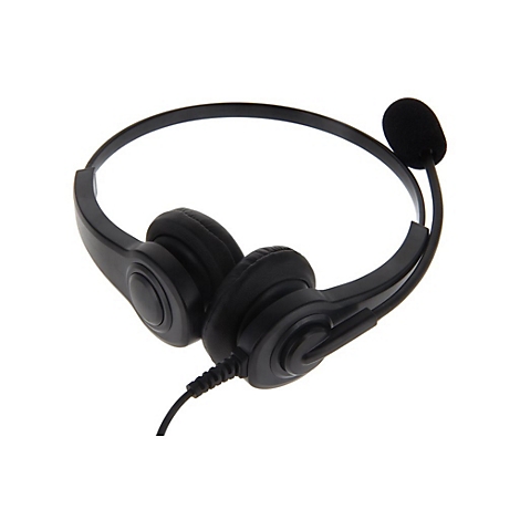 Schwarzes Headset mit zwei Ohrpolstern und einem Mikrofon mit Schaumstoffüberzug vor weißem Hintergrund.
