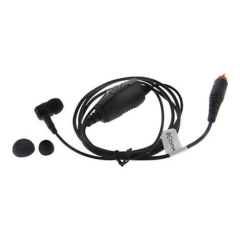 Schwarzes In-Ear-Headset mit Kabel, Mikrofon-Steuereinheit und einem 2,5mm-Klinkenstecker vor weißem Hintergrund.