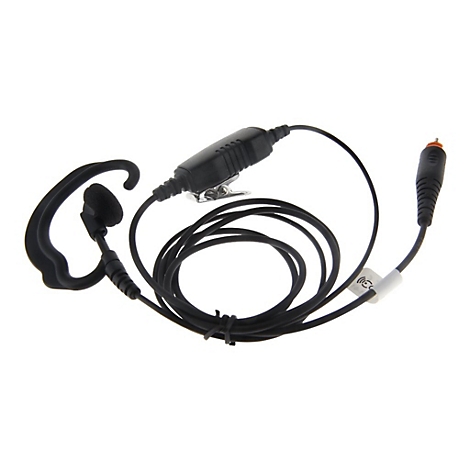 Schwarzes Headset mit Ohrbügel, Mikrofon-Clip und Anschlussstecker vor weißem Hintergrund.