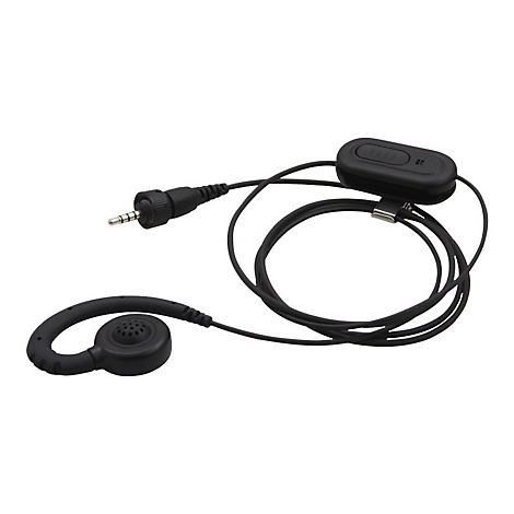Schwarzer Ohrbügel-Hörer mit Kabel, Mikrofon-Einheit und Klinkenstecker vor weißem Hintergrund.