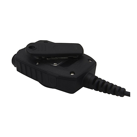 Schwarzes Handfunkmikrofon mit Gürtelclip auf der Rückseite vor weißem Hintergrund.