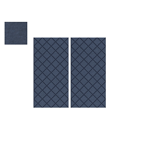 Drie donkerblauwe, rechthoekige stoffen panelen met een ruitpatroon, tegen een witte achtergrond. Een kleiner vierkant in de linkerbovenhoek.