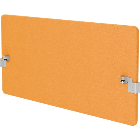 Oranje geluiddicht paneel met zilveren beugels op de hoeken.