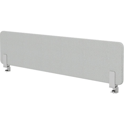 Grijze bureauafscheiding met beugels. Rechthoekige vorm met afgeronde hoeken.