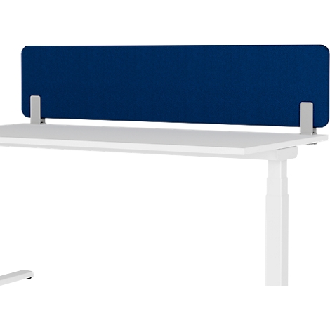 Witte bureau met blauw scherm. Het scherm is bevestigd aan twee witte beugels.