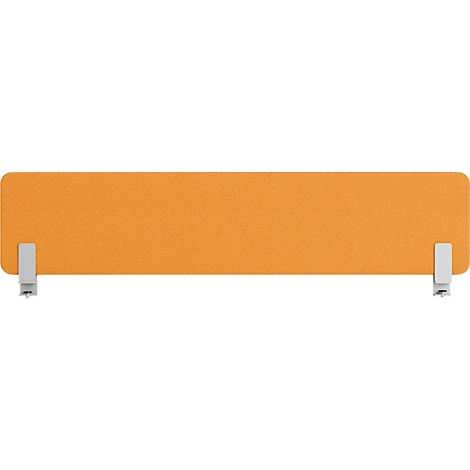 Langwerpig, rechthoekig, oranje element, vastgehouden door twee zilveren beugels.