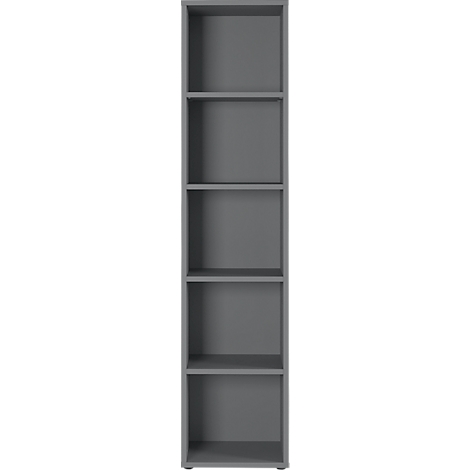 Graues Bücherregal mit fünf Fächern. Schlichtes Design für Bücher und Dekoration.