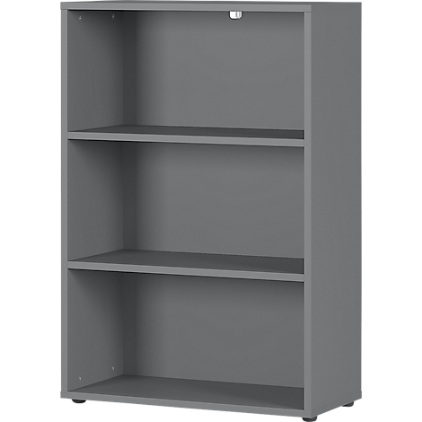 Graues Bücherregal mit drei Fächern. Rechteckige Form, schlichtes Design.