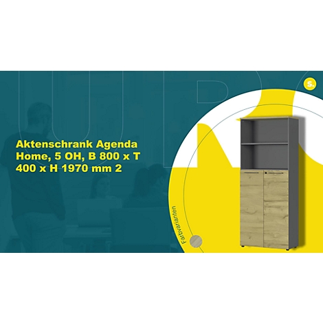 Aktenschrank Agenda Home, 5 OH, B 800 x T 400 x H 1970 mm 2 offene Fächer, abschließbar, Graphit/Eiche