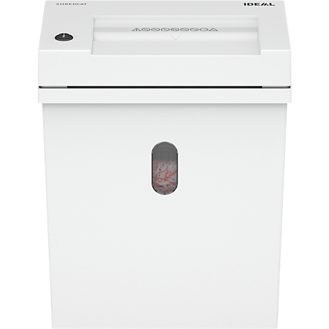 Weisser Aktenvernichter, Sichtfenster mit geschreddertem Papier. Oben: "IDEAL", "SHREDCAT".
