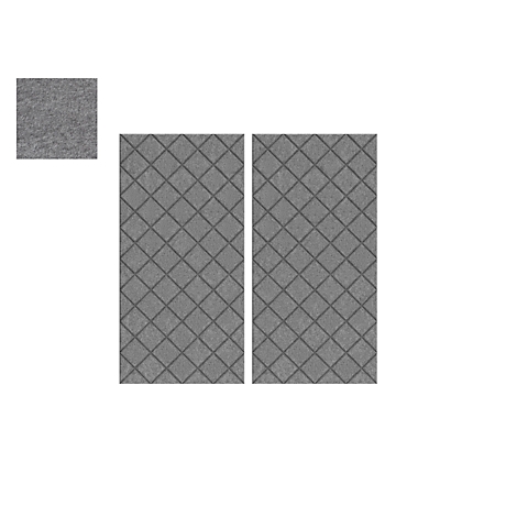 Graue, quadratische Fliesen mit diagonalem Rautenmuster.